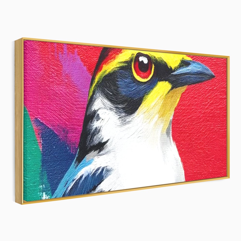 Tablou canvas cu tablou canvas cu pasare colorata in profil, in rama de aluminiu auriu
